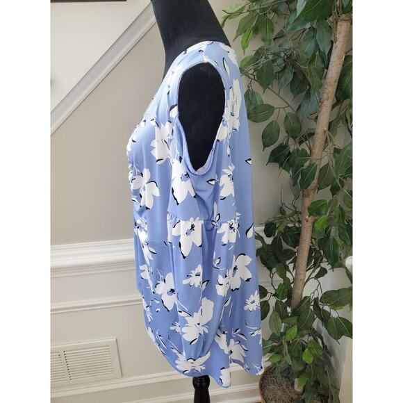 Cato Womens Blue Floral Polyester Ruched Cold Shoulder V Neck Top Blouse Size XL - Picture 6 of 12